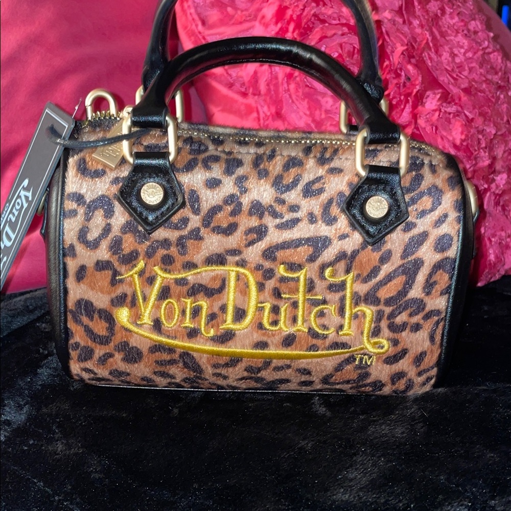 Von Dutch Leopard Print Mini Bag with Yellow Logo